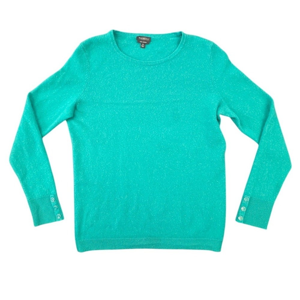 Talbots Cashmere Sweater Teal Green Crewneck Button Cuff Size M 100% Cashmere